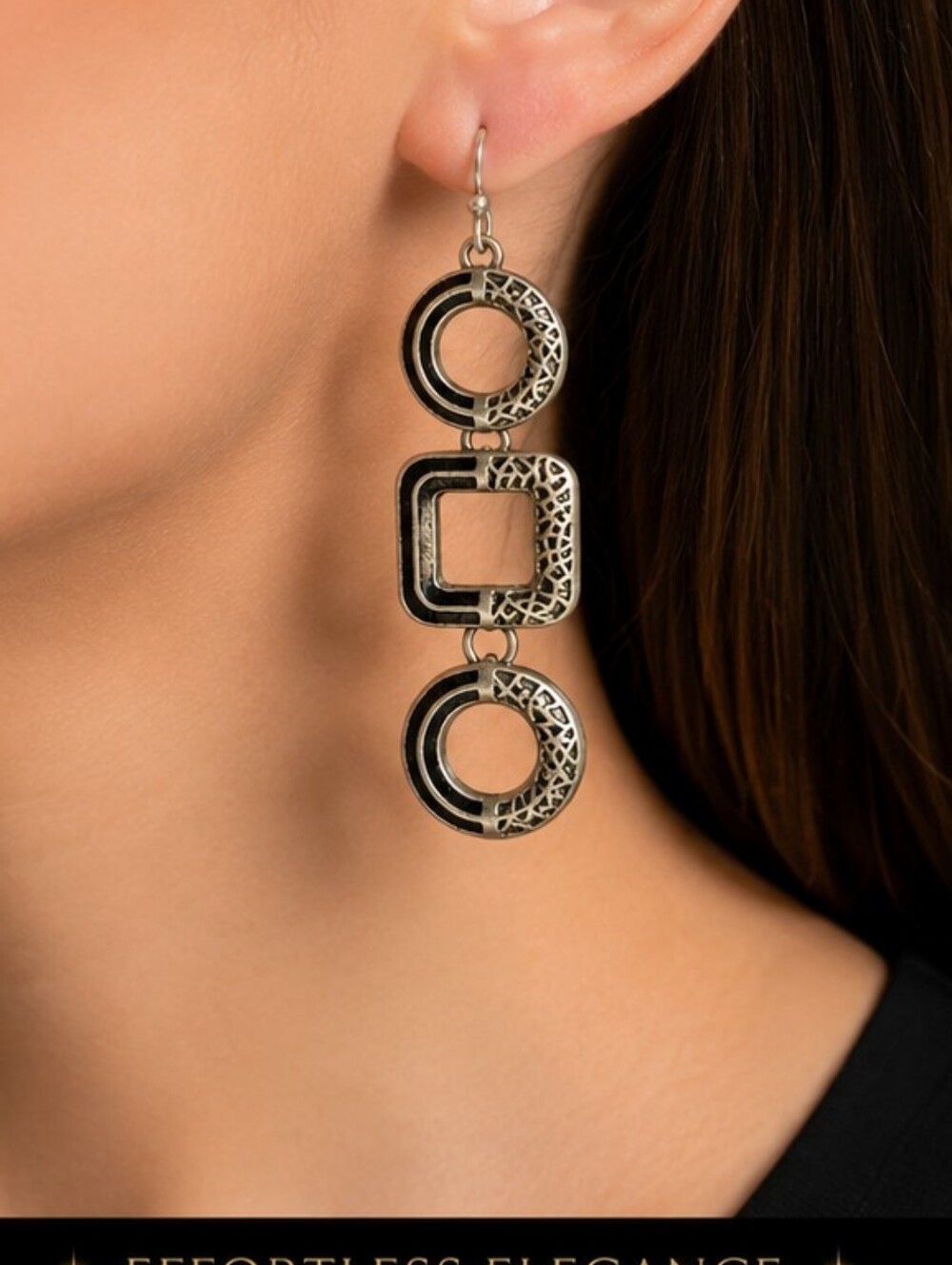 Geometric Silver Tone Dangle Earrings Modern Open Circle Square Boho Artisan